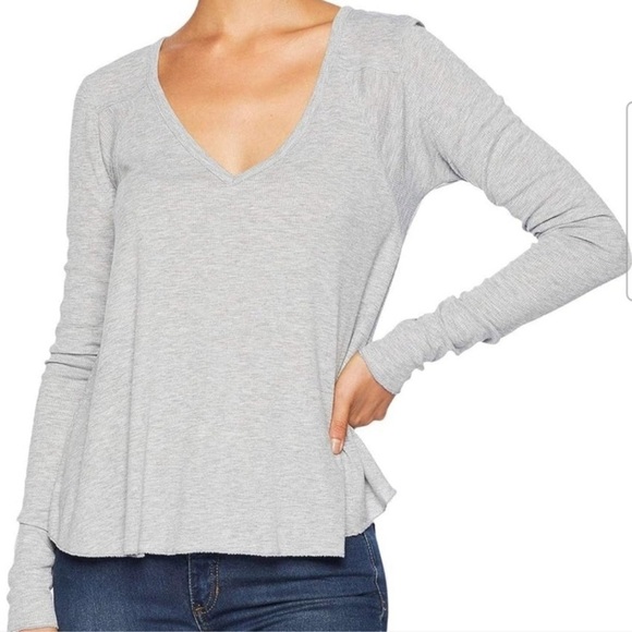 NEW Free People Don’t Rock The Boat Ribbed Long Sleeve V Neck T shirt Gray Small - Picture 2 of 10